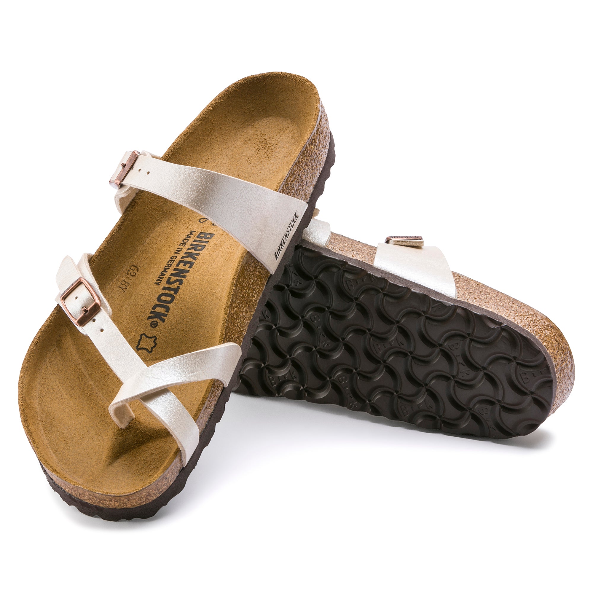Pair of Birkenstock sandals with white straps on a white background