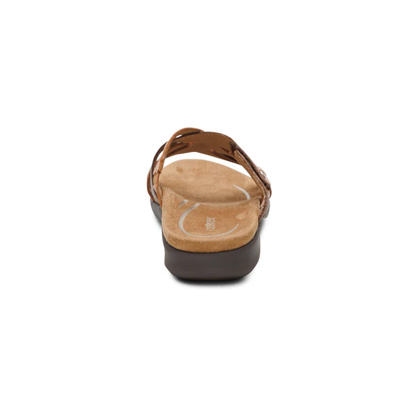 Brown sandal with a visible brand logo on a white background