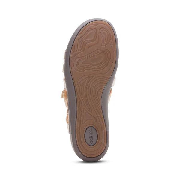 Sole of a shoe with brand logo on a white background