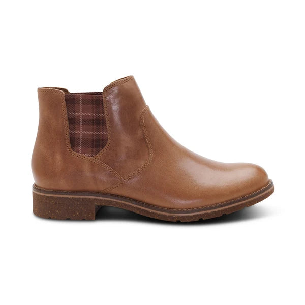 Brown leather ankle boot with plaid pattern on a white background