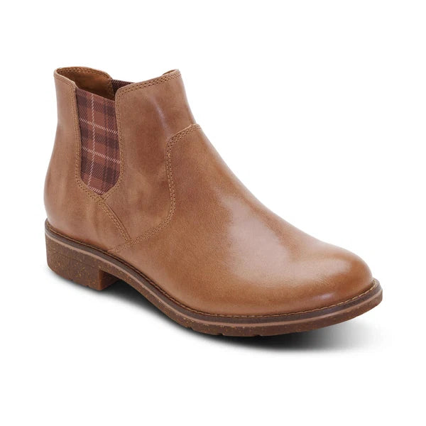 A tan leather ankle boot with a brown elastic side panel featuring a red and brown plaid pattern, shown from a three-quarters angle on a white background.