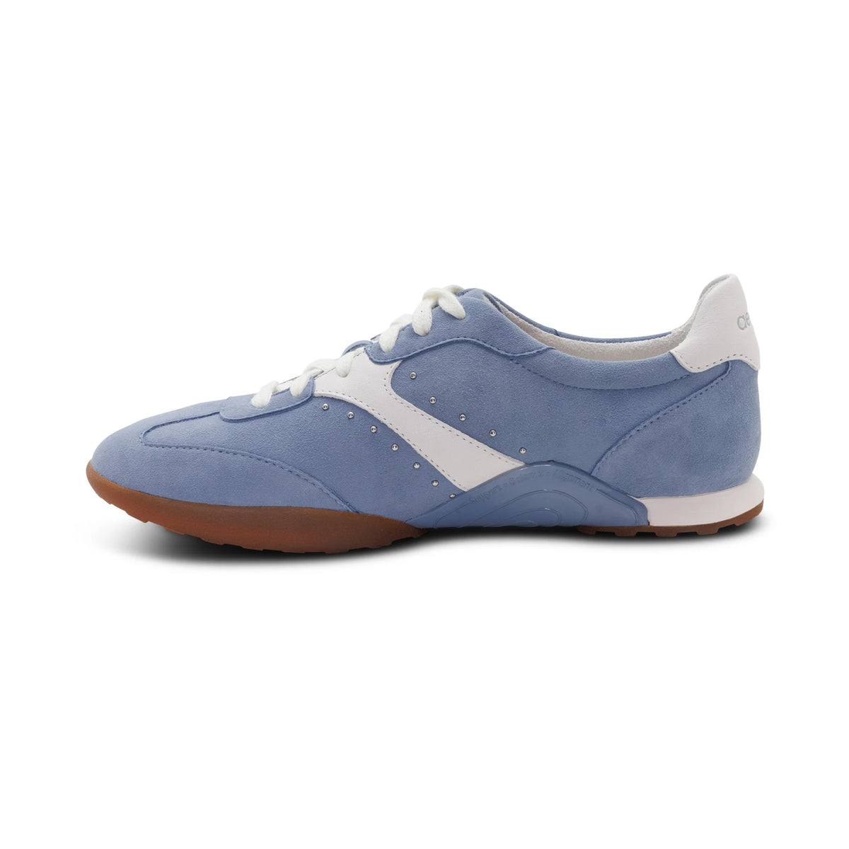 Blue sneaker with white accents on a white background