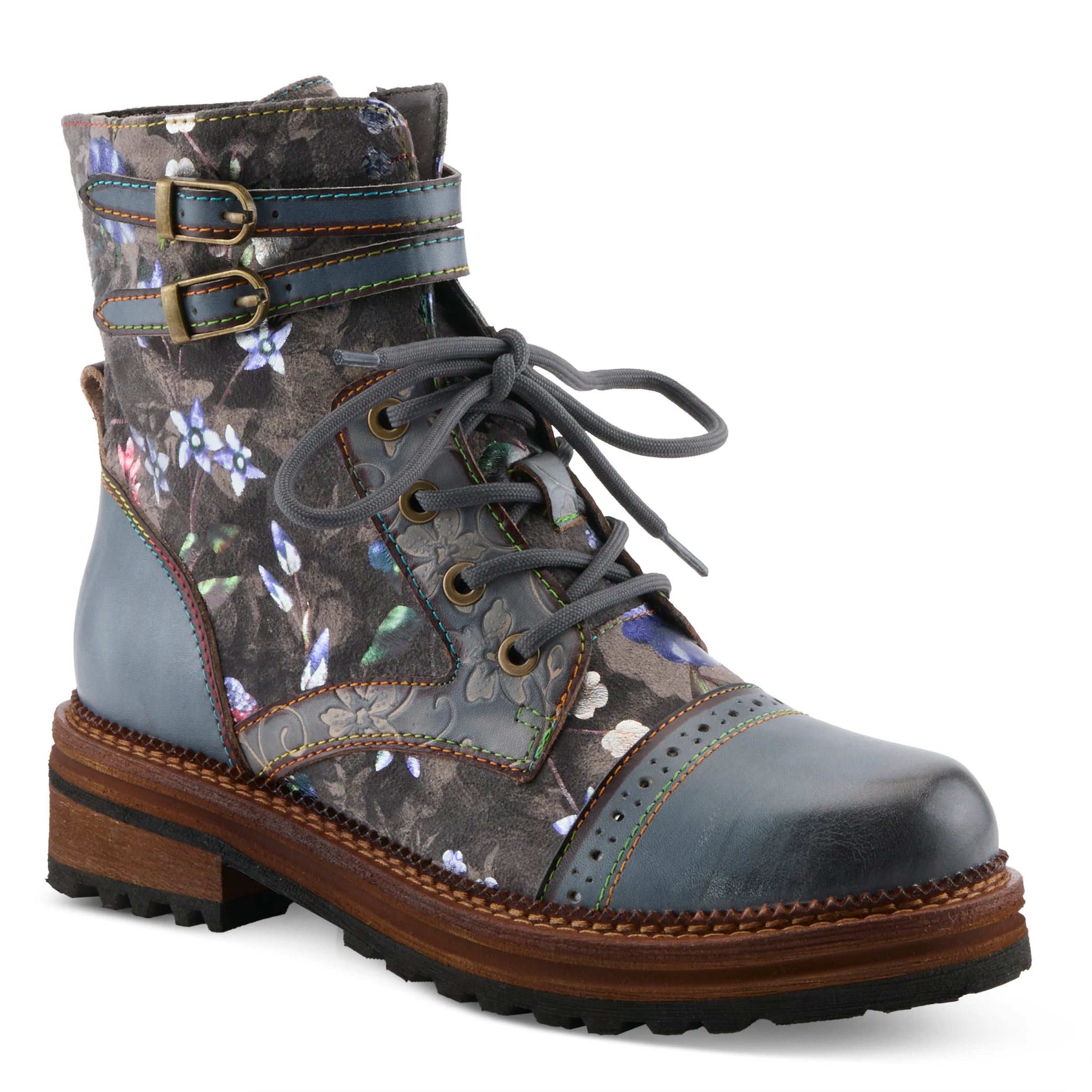 Floral-patterned boot with gray laces on a white background