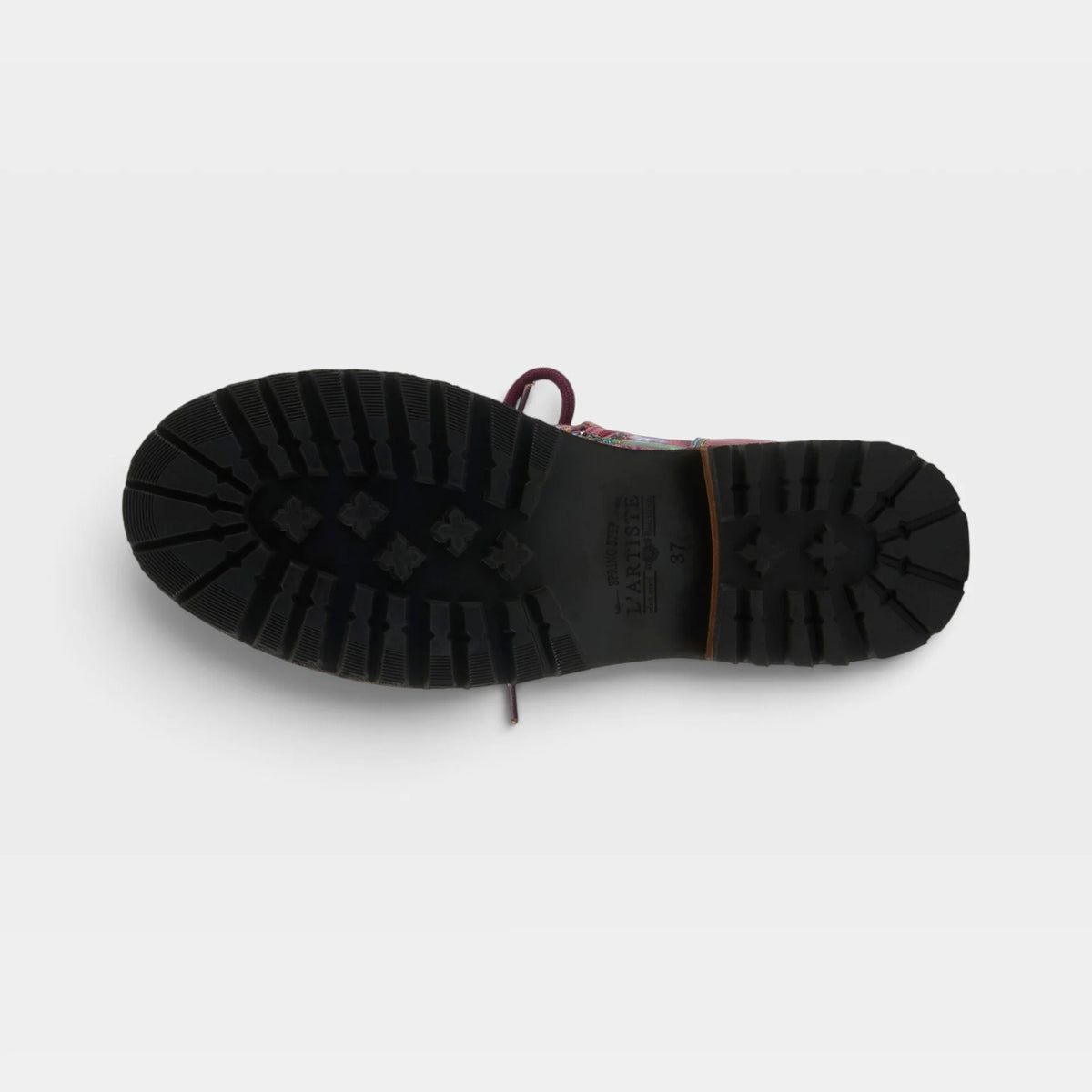 A top-down view of a dark reddish-brown shoe sole, showing the tread pattern and heel, on a light gray background.