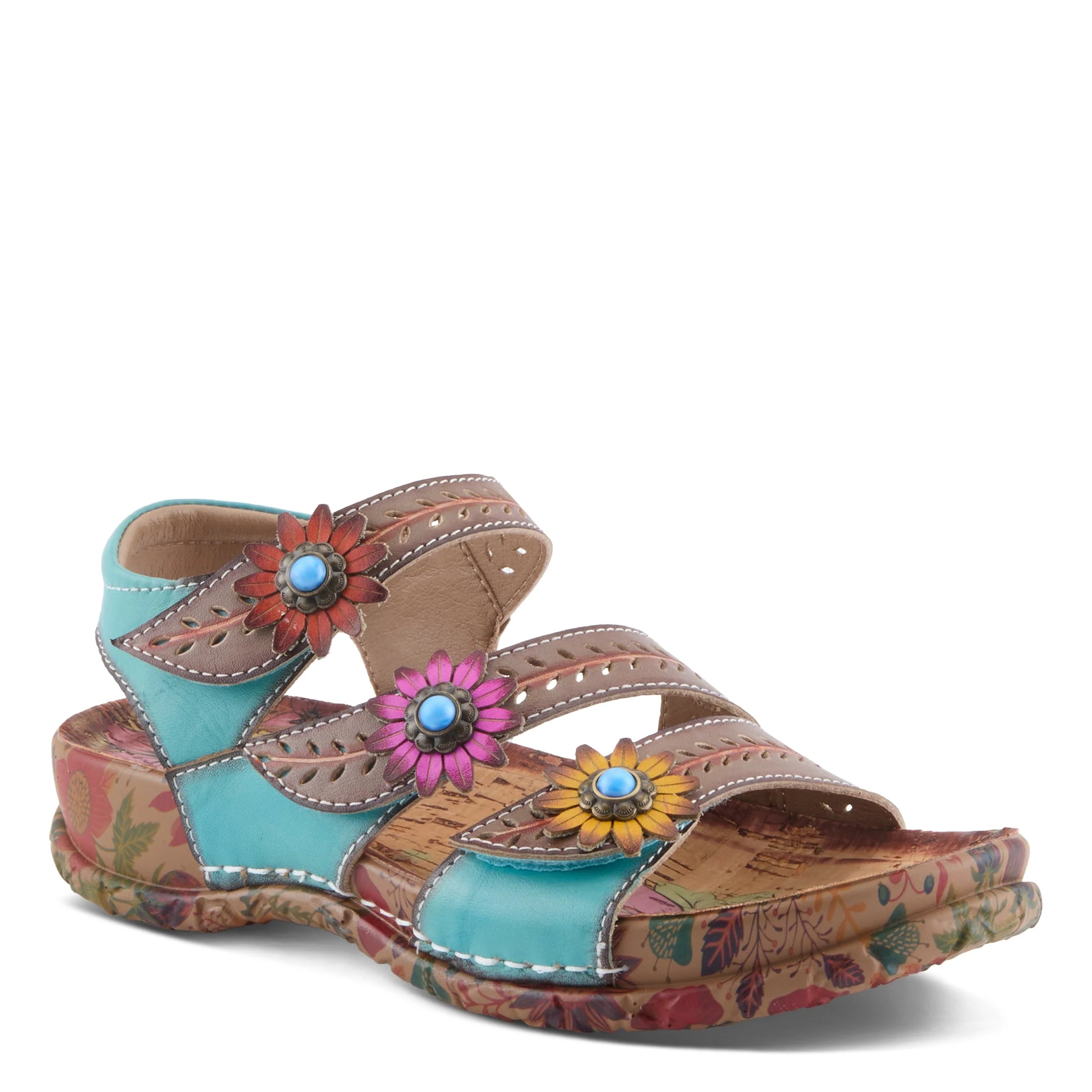 Colorful sandal with floral designs on a white background