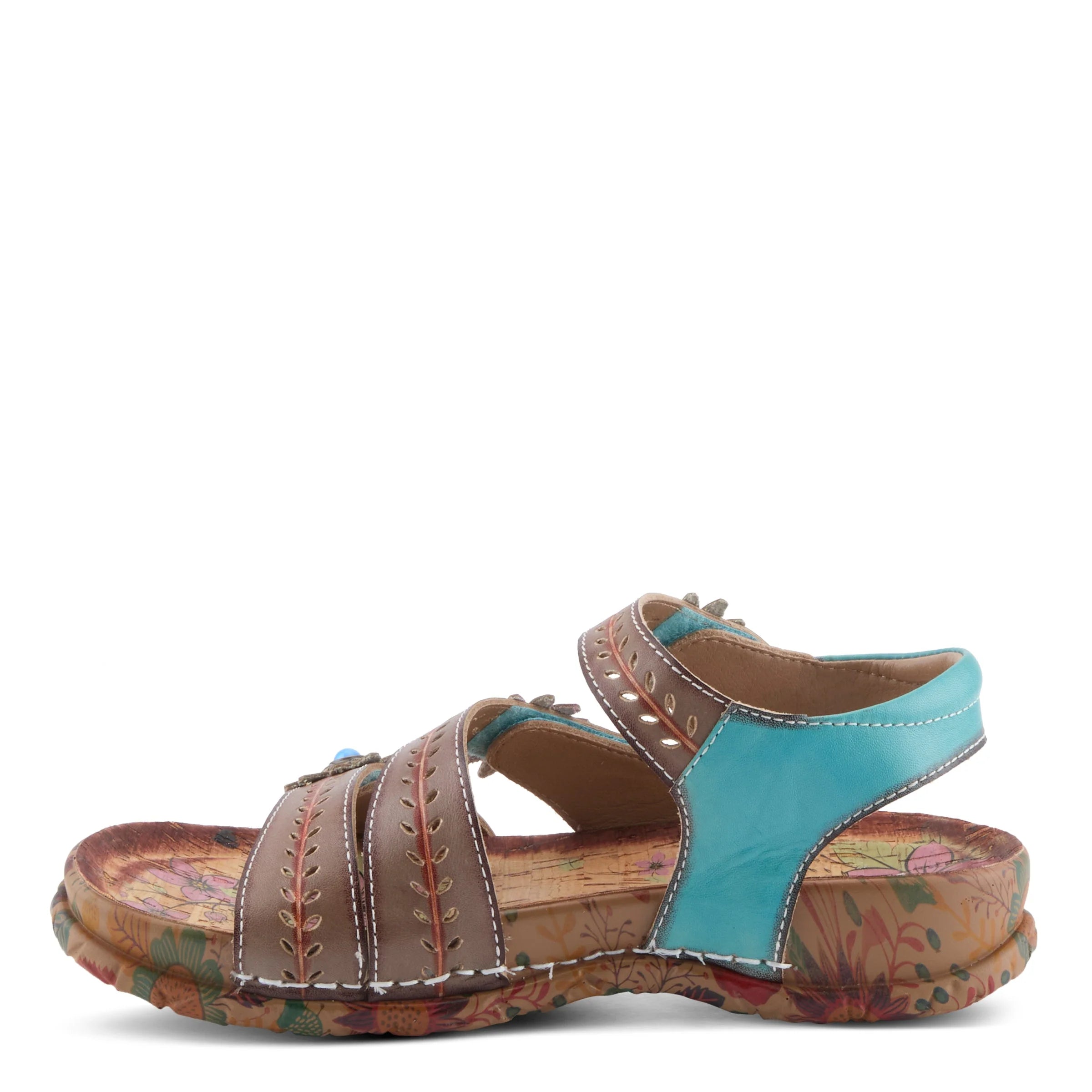 Brown sandal with a turquoise heel on a white background