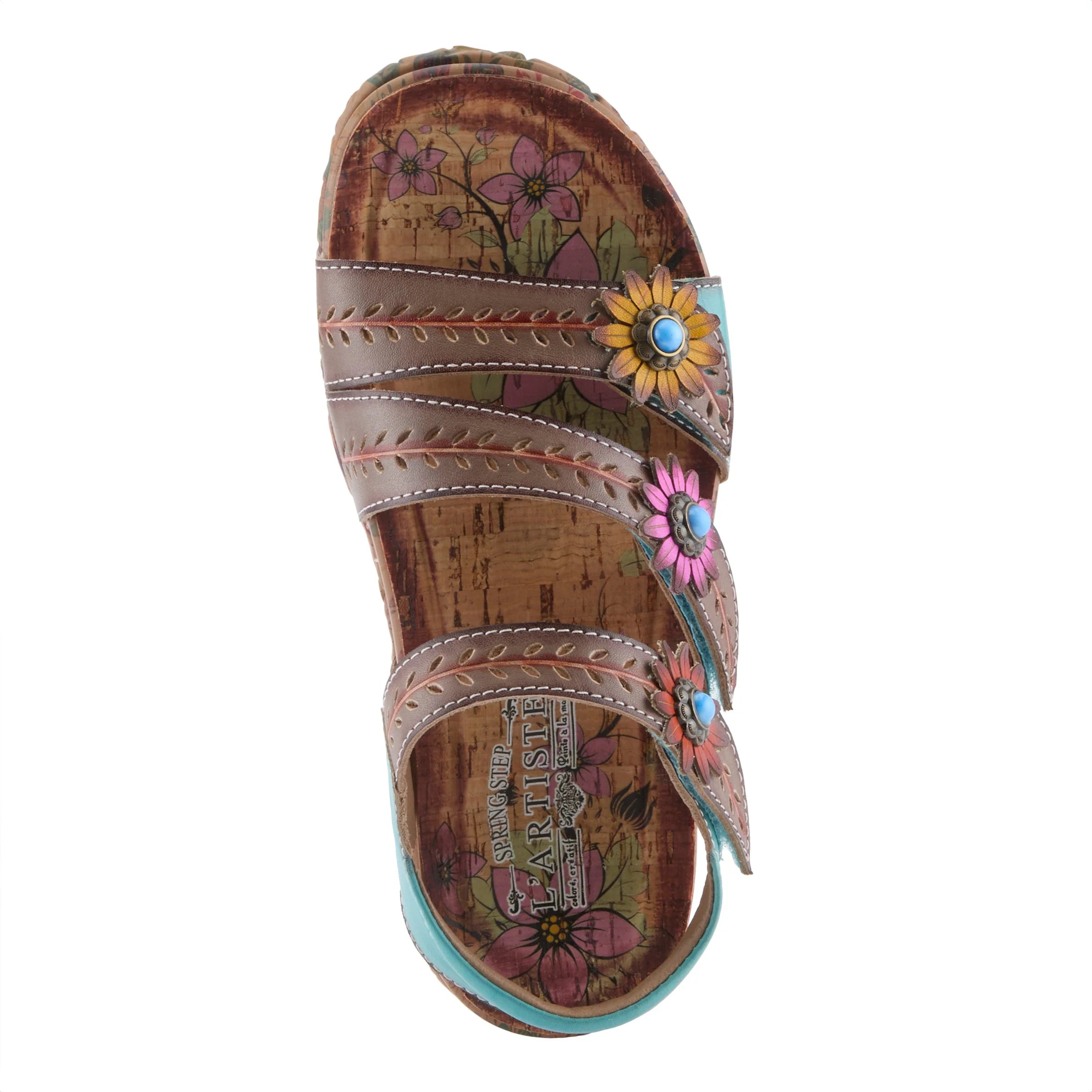 Floral sandal with cork sole on a white background