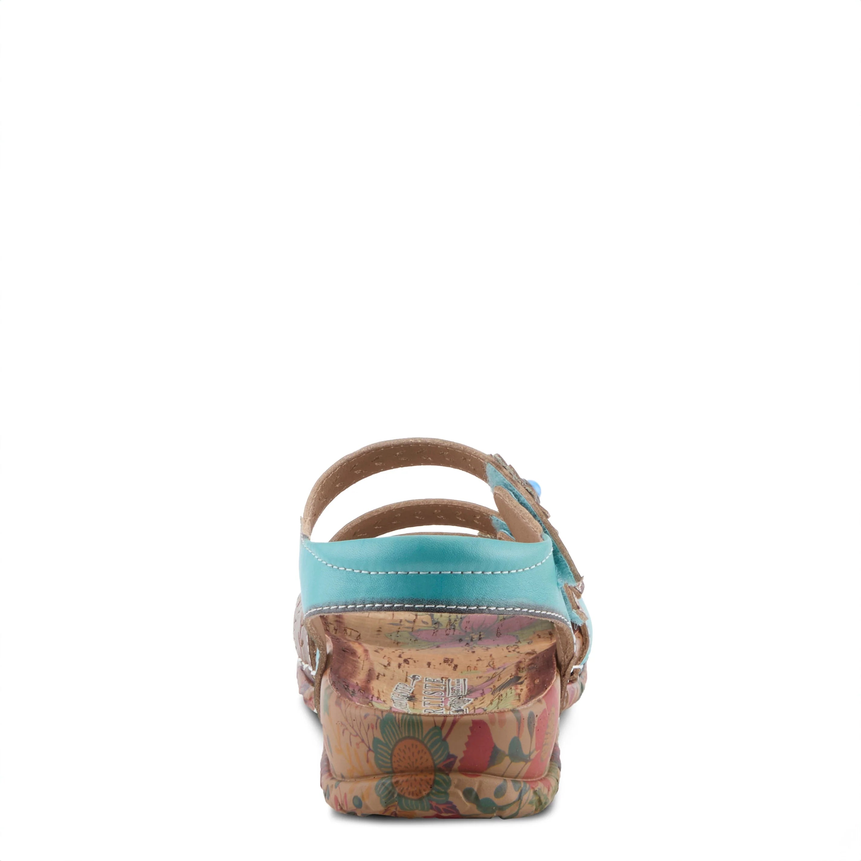 Multicolored sandal with a turquoise strap on a white background