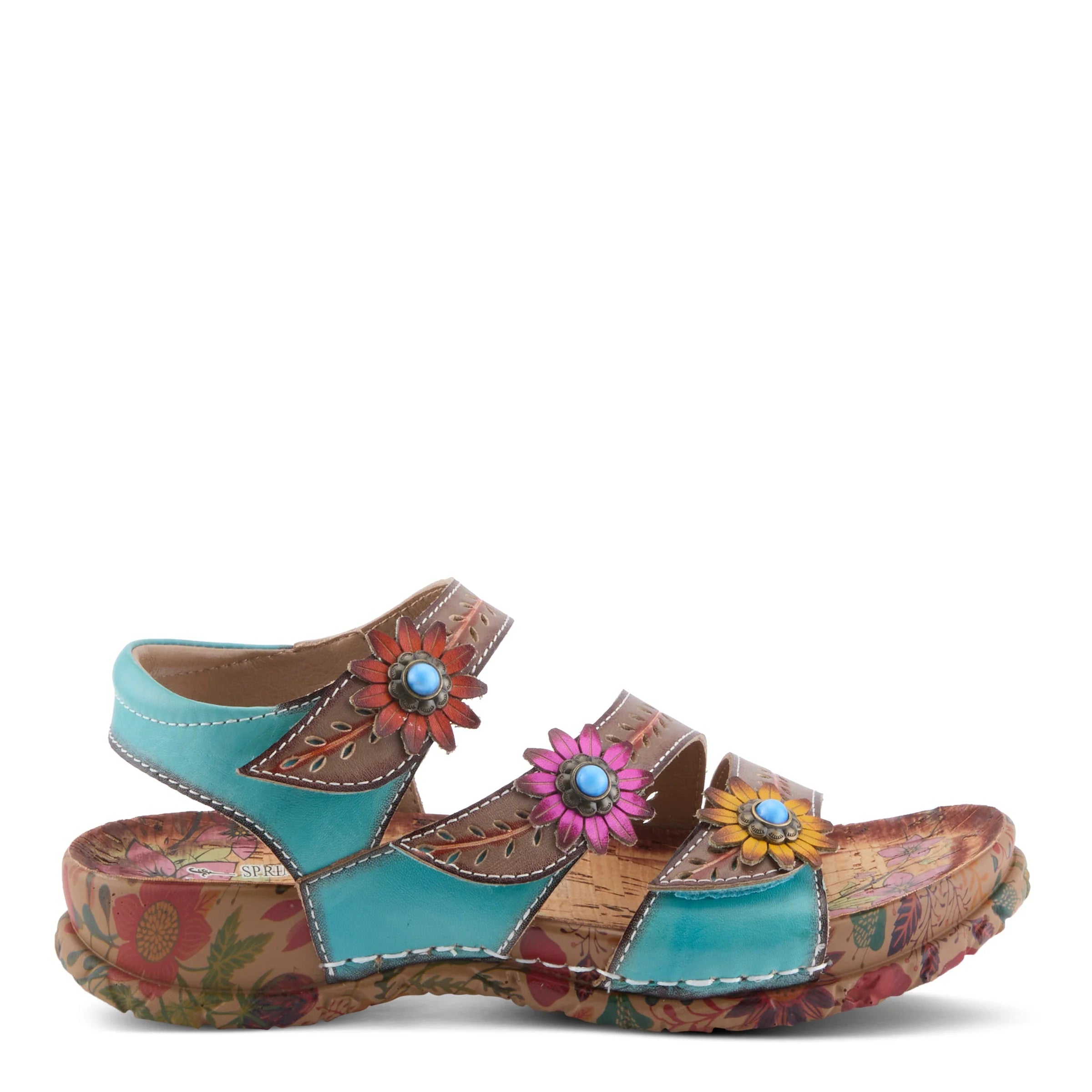 Colorful sandal with floral designs on a white background
