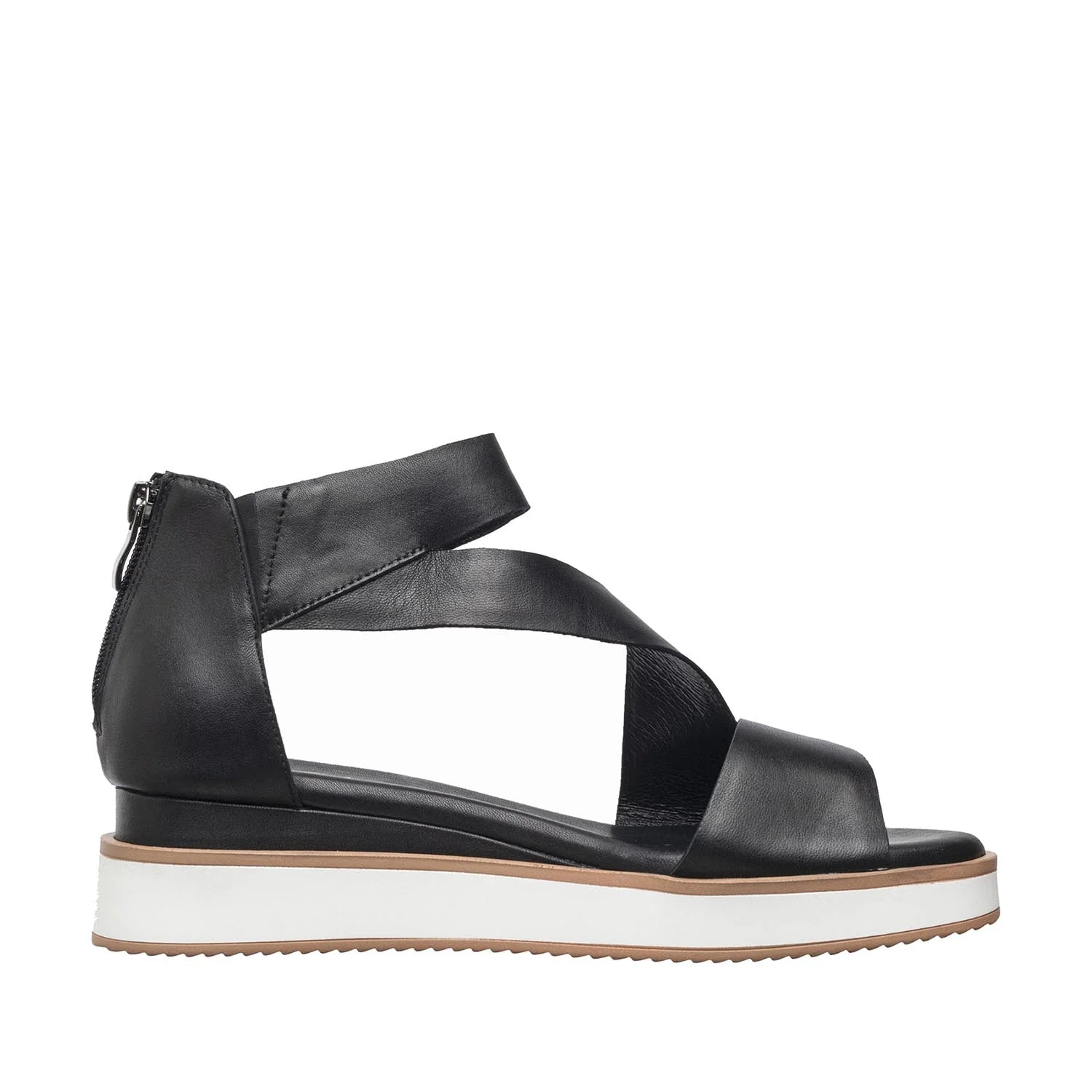 Black sandal with a white sole on a white background