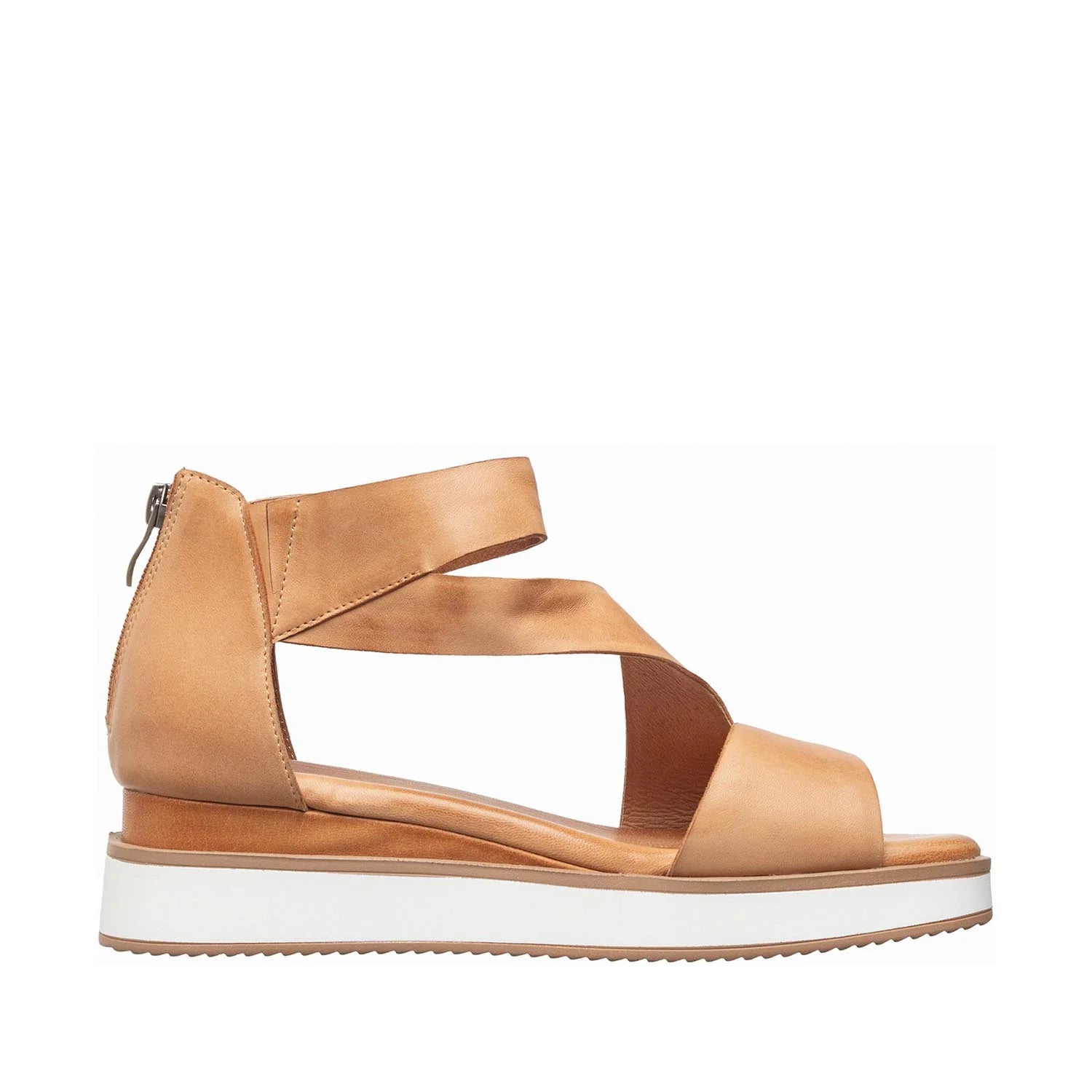 Tan sandal with a white sole on a white background