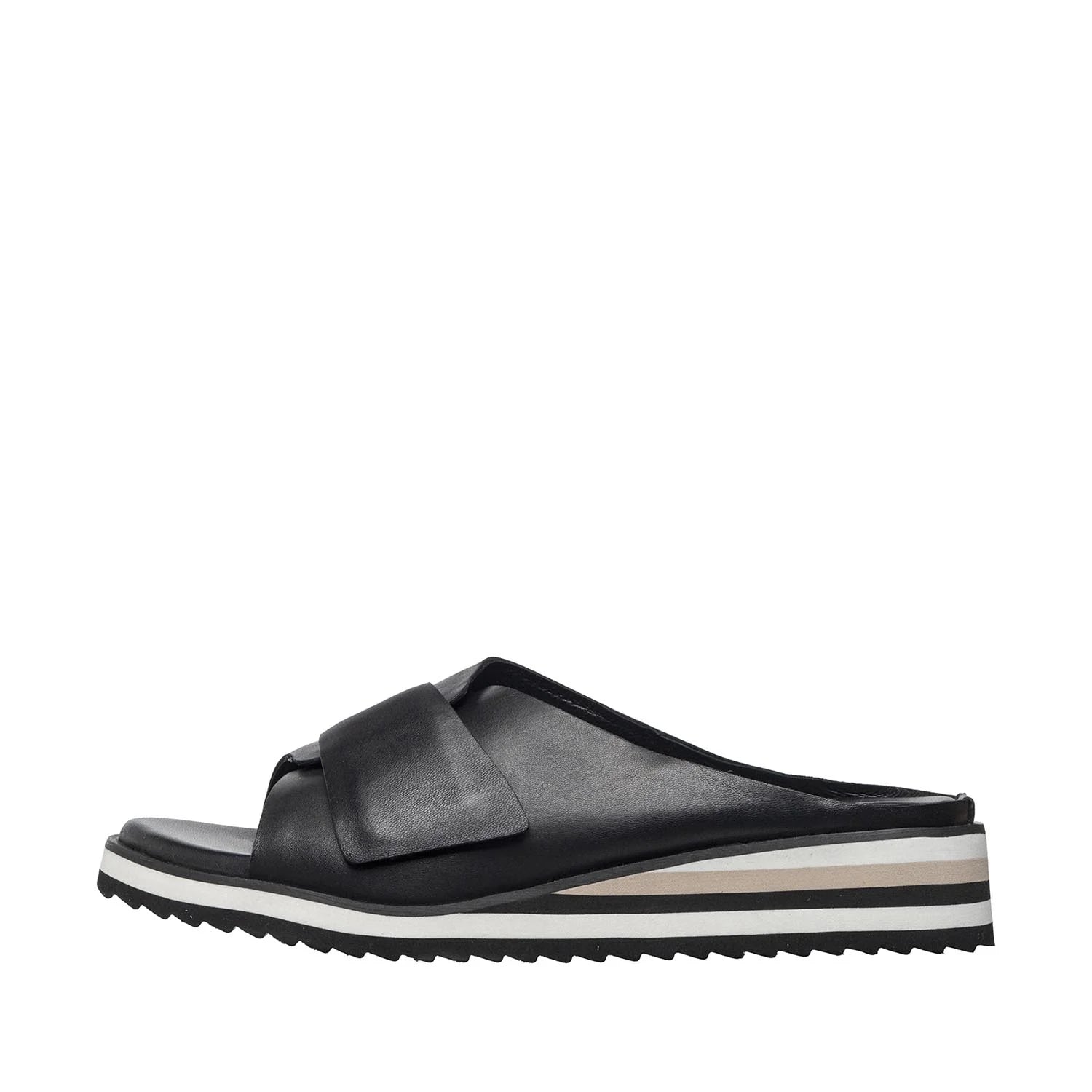 Black sandal with a strap on a white background
