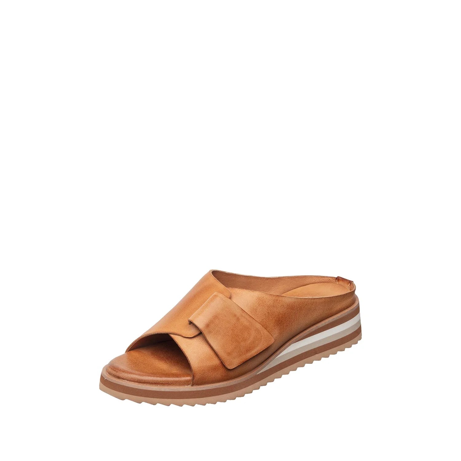 Tan sandal with a white sole on a white background