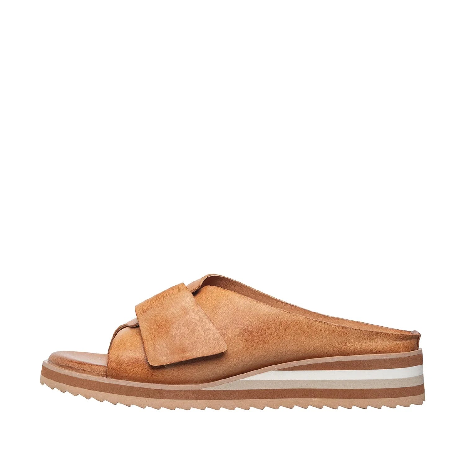 Tan sandal with a white sole on a white background