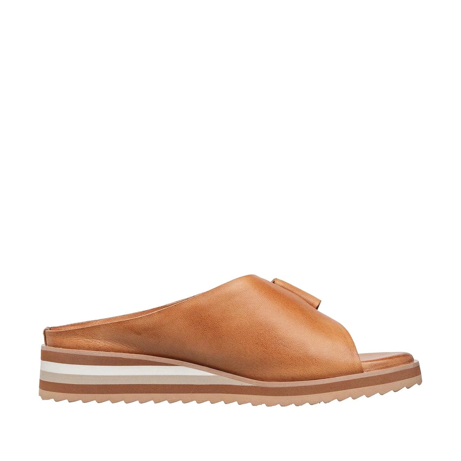 Brown sandal with a striped sole on a white background