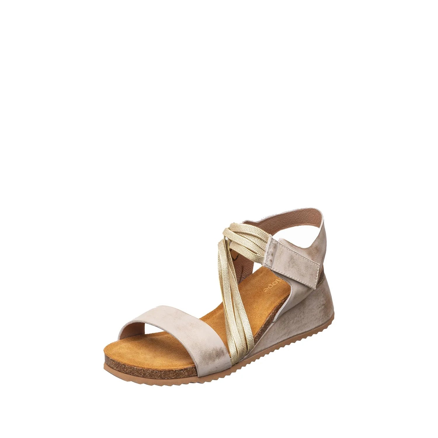 Beige sandal with criss-cross straps on a white background