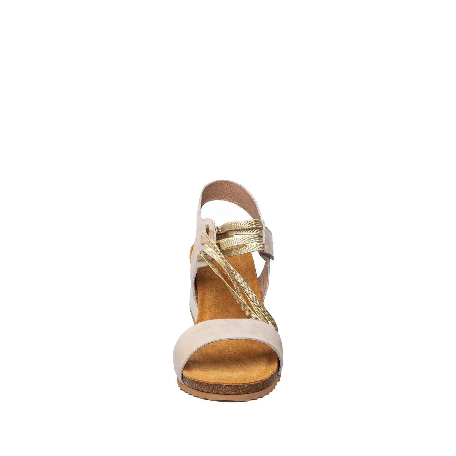 Single sandal with beige strap and wooden sole on a white background