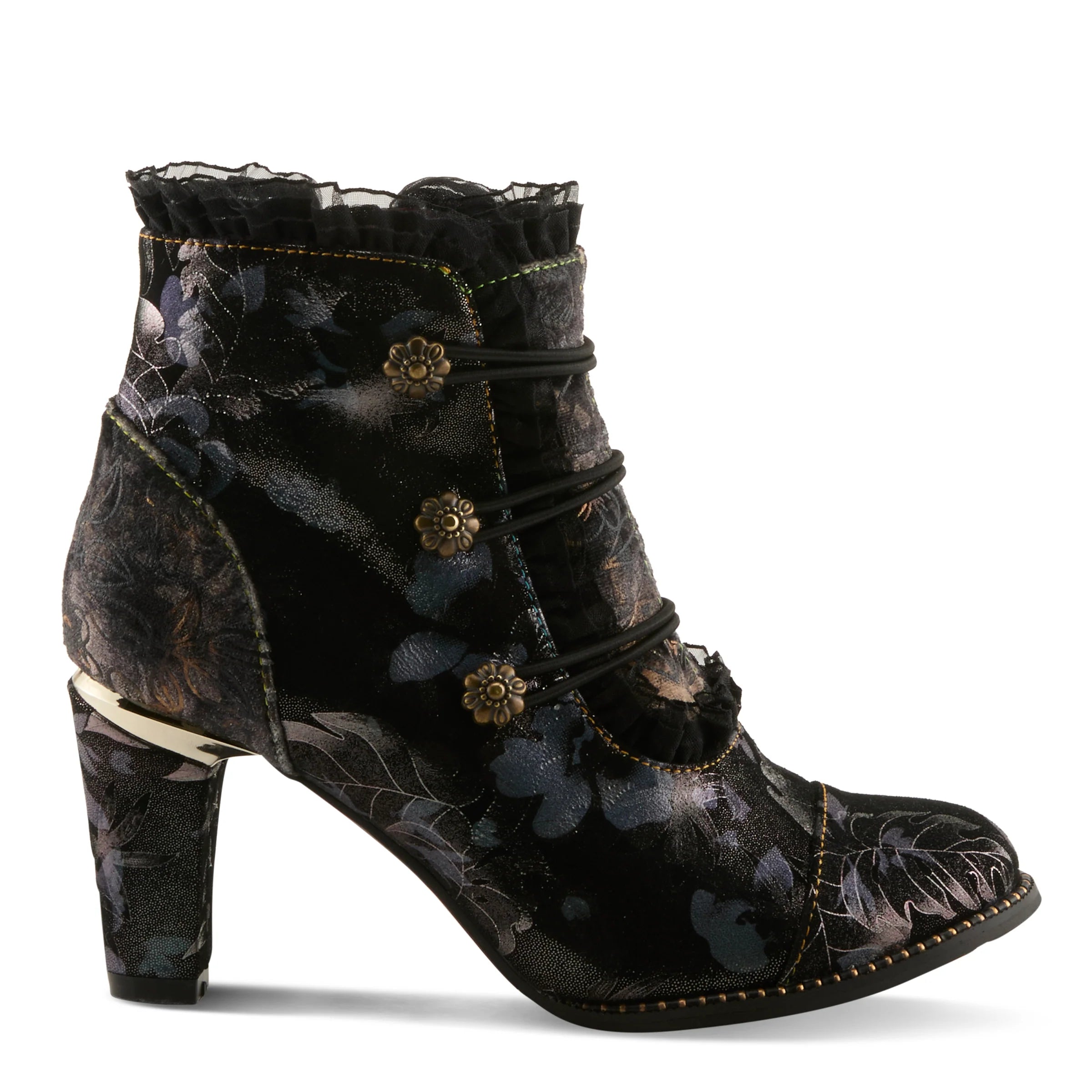 Black floral-patterned boot with decorative elements on a white background