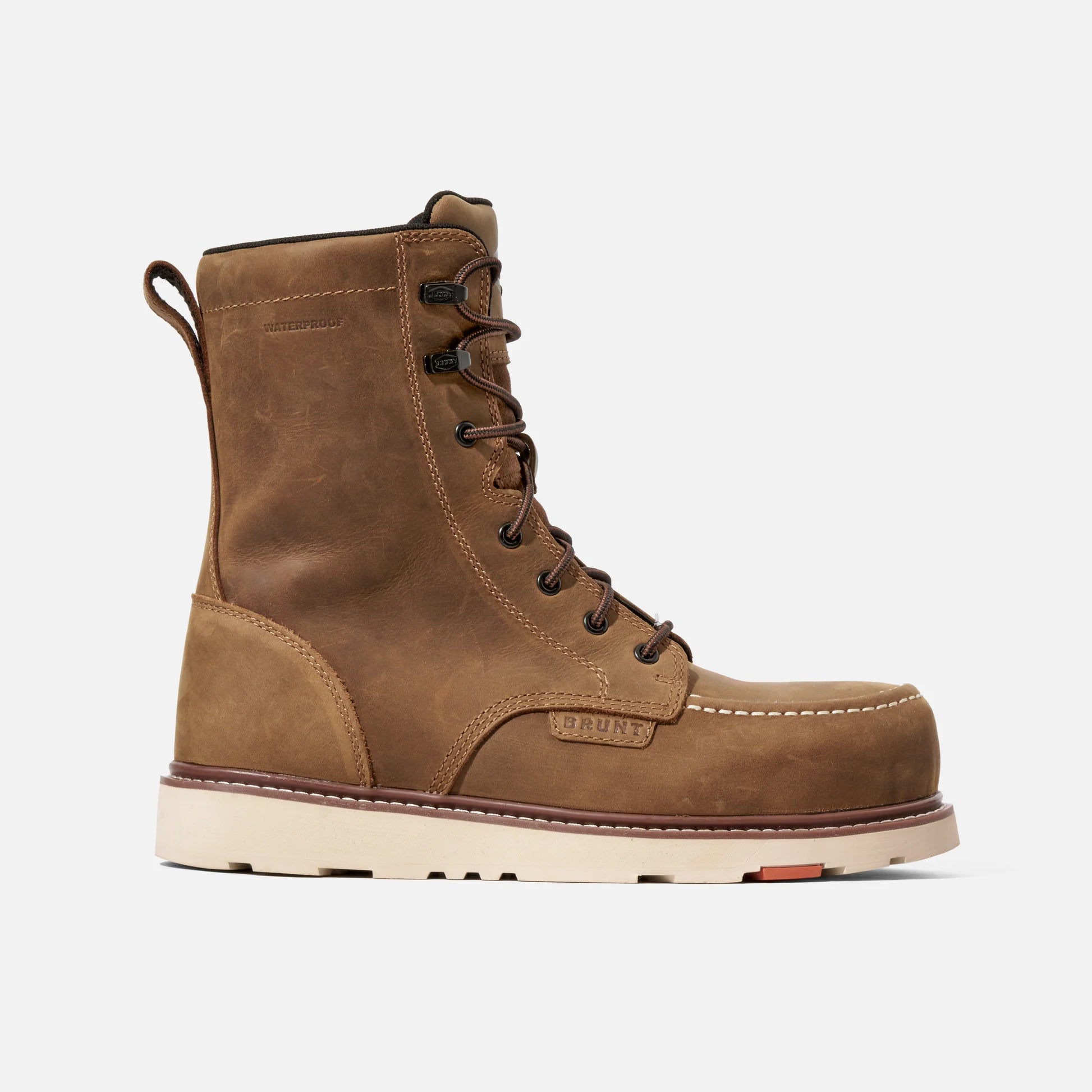 Brown leather boot with white sole on a light gray background