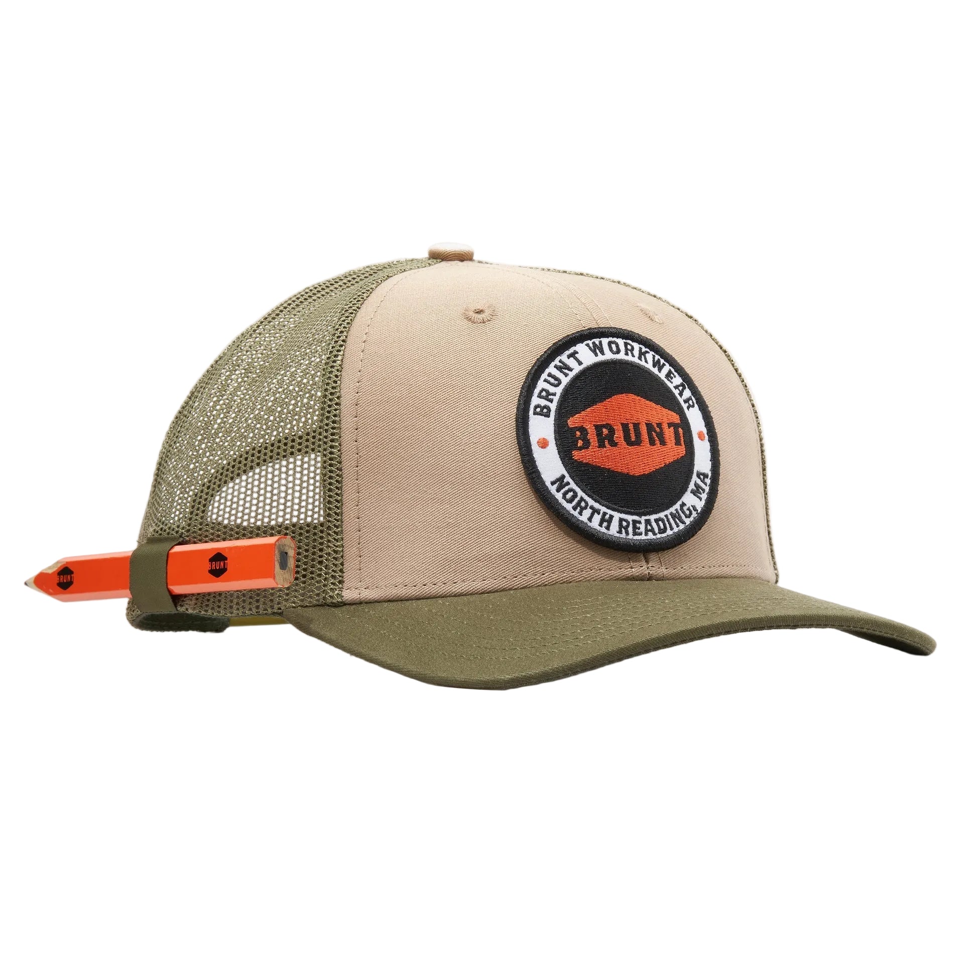 Green and beige trucker cap with a logo on a white background