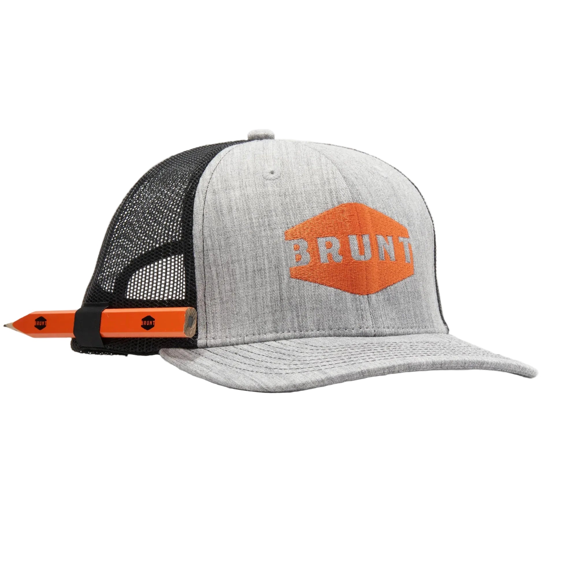 Gray and black trucker cap with orange BRUNT logo on a white background