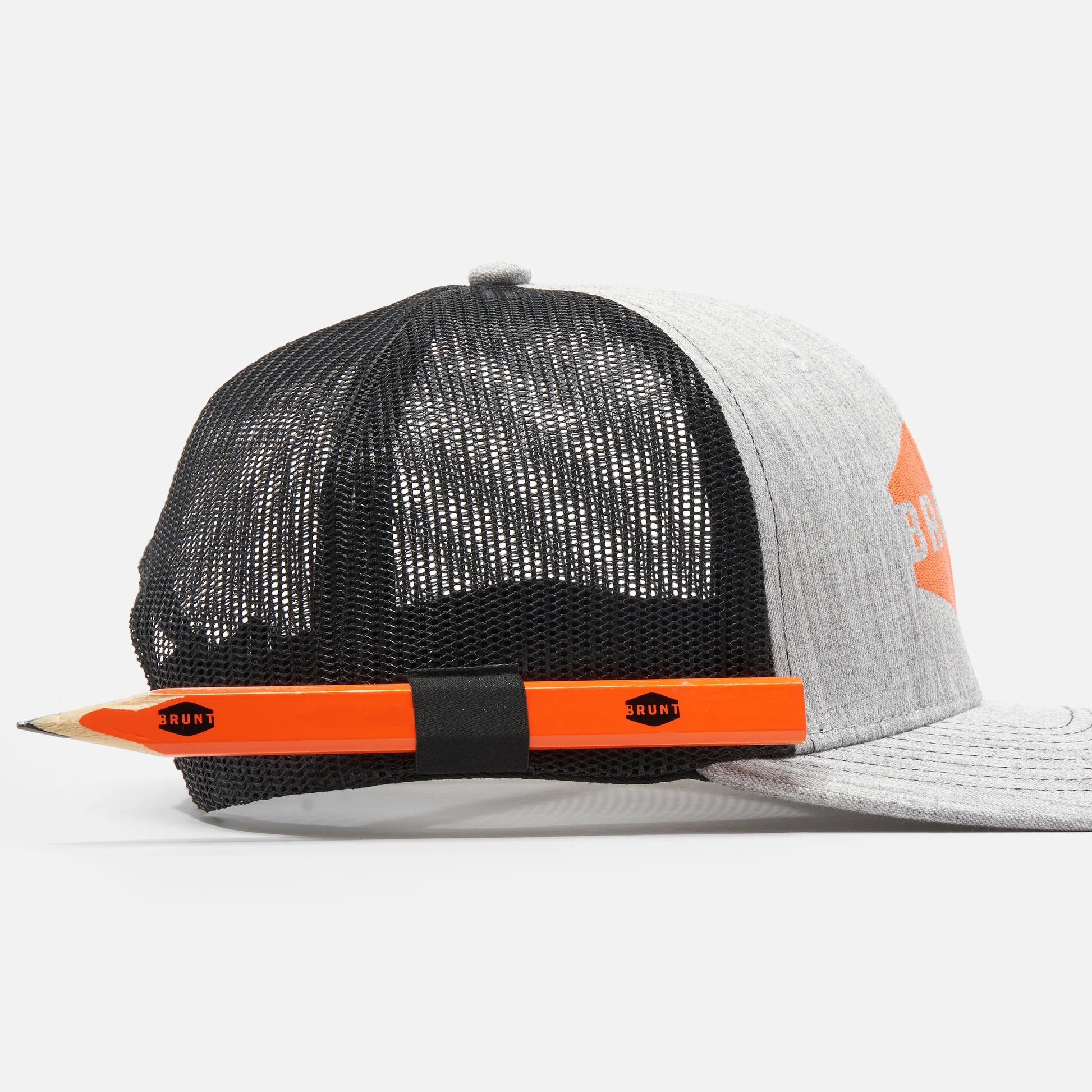 Gray and black mesh cap with orange accents on a white background