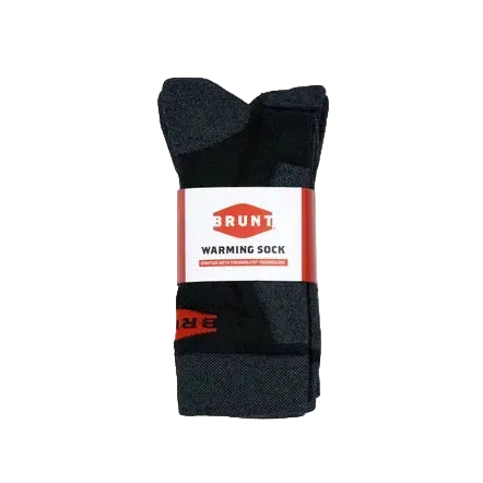 A pair of dark gray and black patterned athletic socks bundled with a white paper band featuring the red and black BRUNT logo, set against a clean white background.