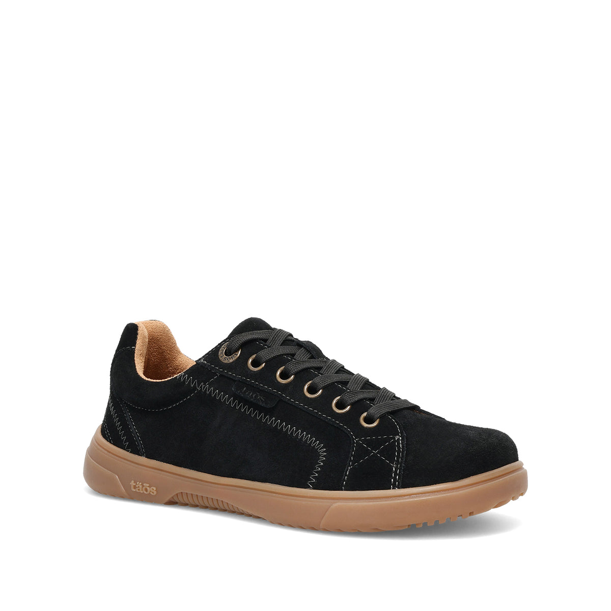 A black suede low-top sneaker with black laces, contrast stitching, and a tan rubber sole, shown from a side profile on a white background.