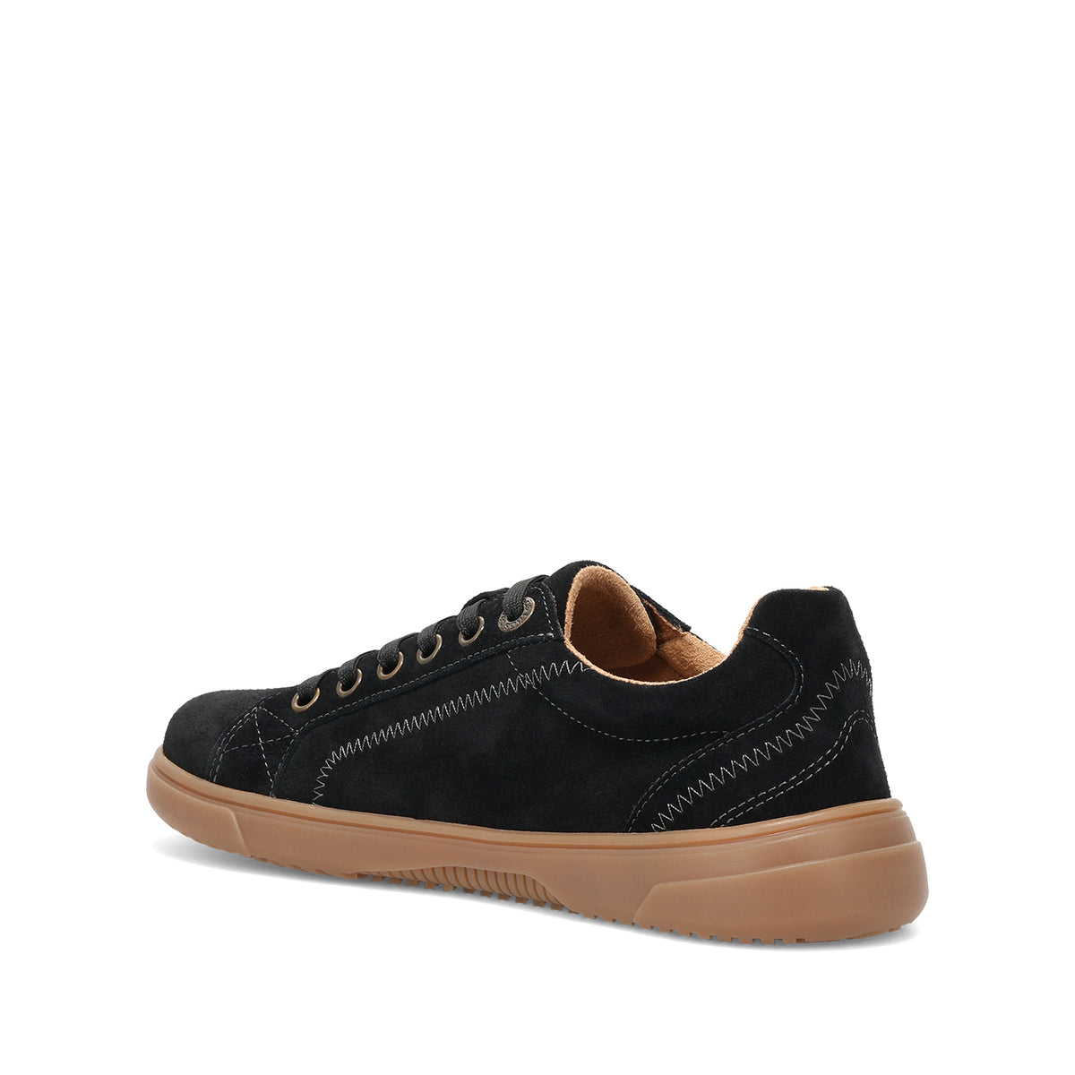 A black suede low-top sneaker with a thick tan rubber sole, shown from a three-quarters rear angle on a white background.