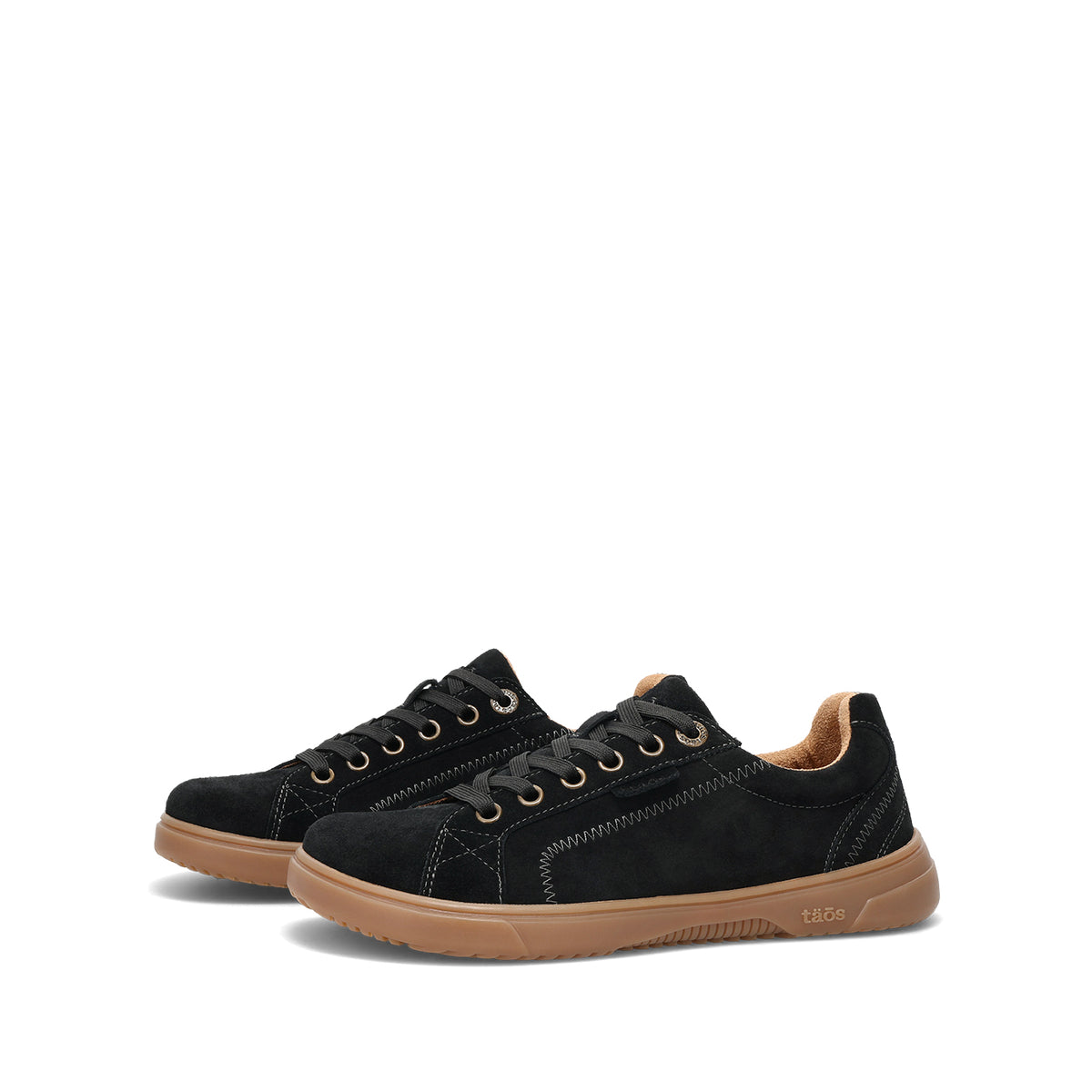 A pair of black suede low-top sneakers with tan rubber soles and matching tan laces, displayed on a clean white background.