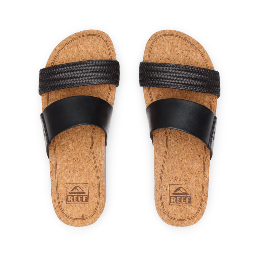 Pair of cork sandals with black straps on a white background