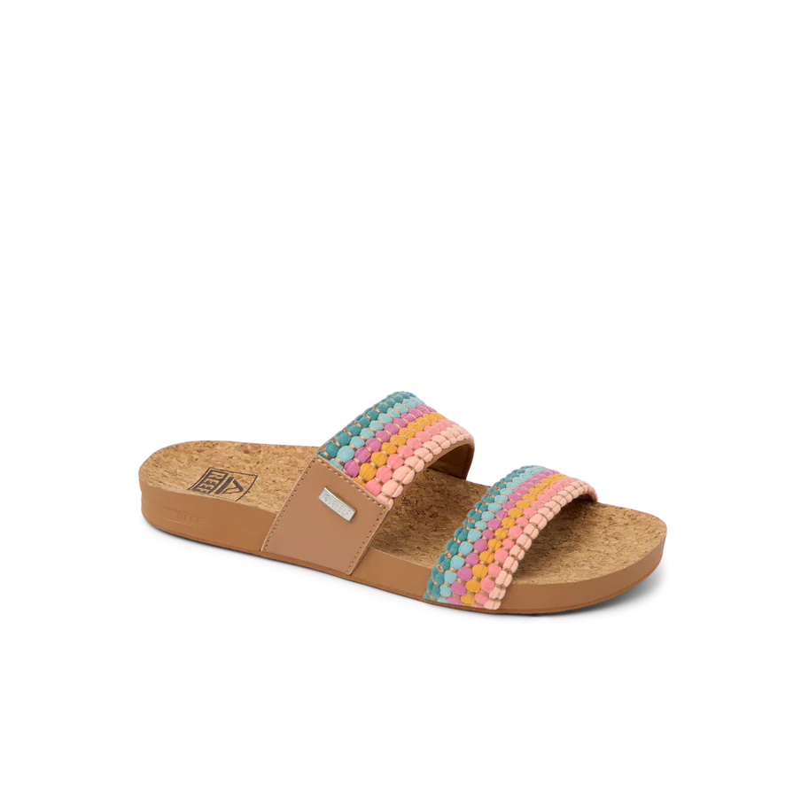 Multicolored slide sandal with cork sole on a white background