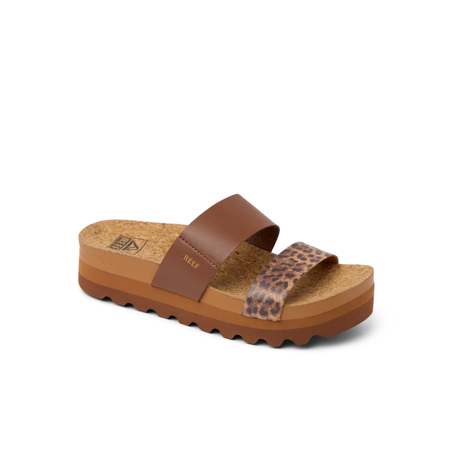 Brown sandal with leopard print strap on a white background