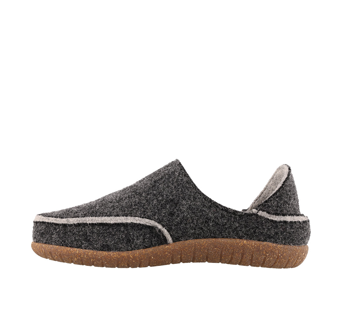 Gray slip-on shoe with a brown sole on a white background