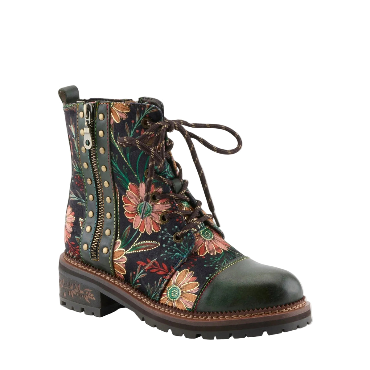 A dark floral lace-up ankle boot with a green toe cap, side zipper, and gold-tone studs, shown on a light gray background.