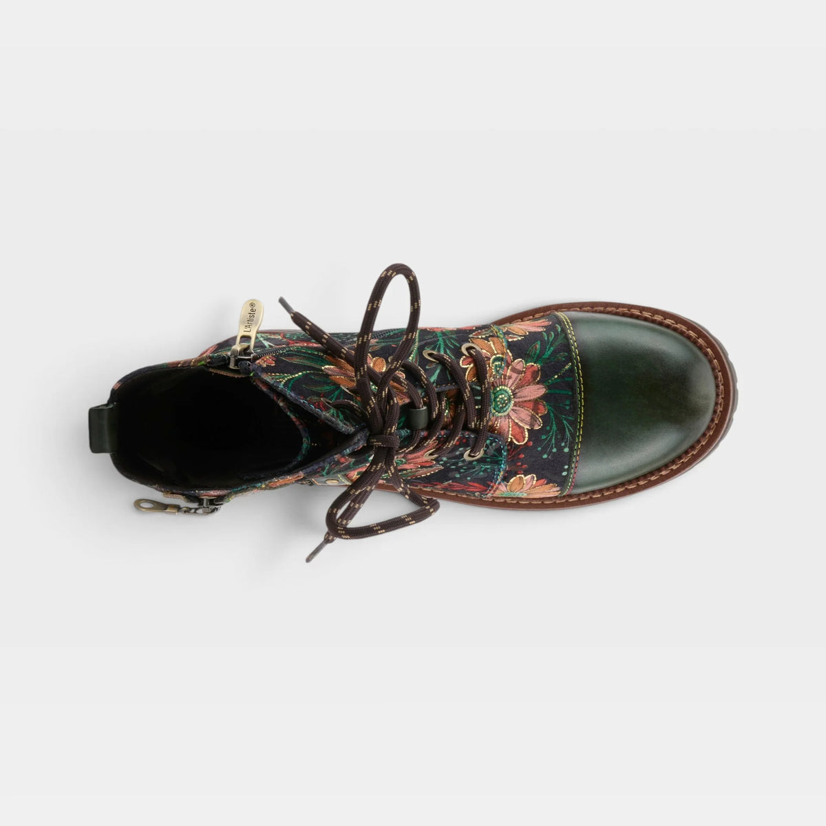 A single lace-up ankle boot shown from a top-down view on a light gray background. The boot features a dark green leather toe cap and heel, a floral-patterned textile upper with pink, orange, and green tones, dark brown laces, and a brown sole.