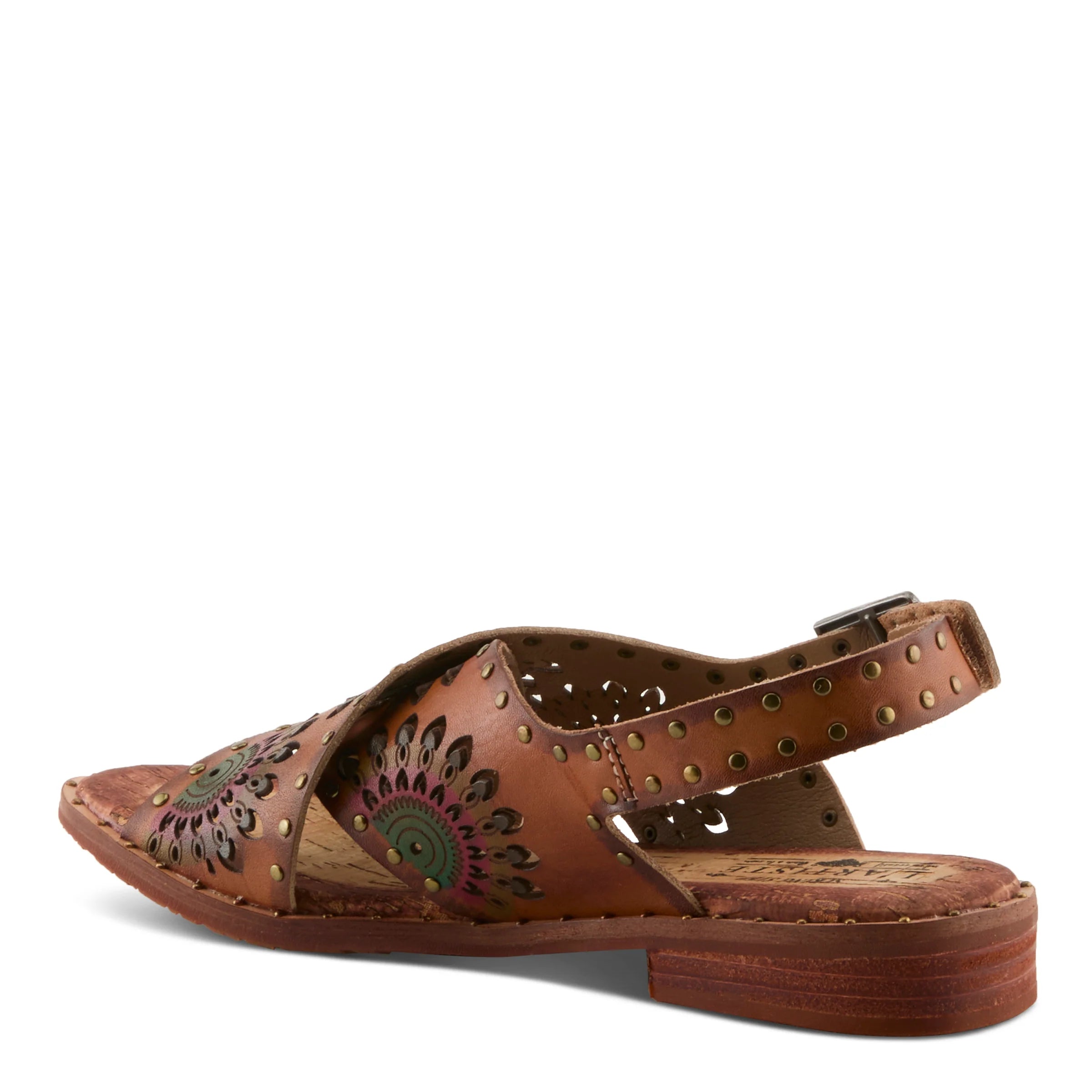 Brown sandal with decorative patterns on a white background