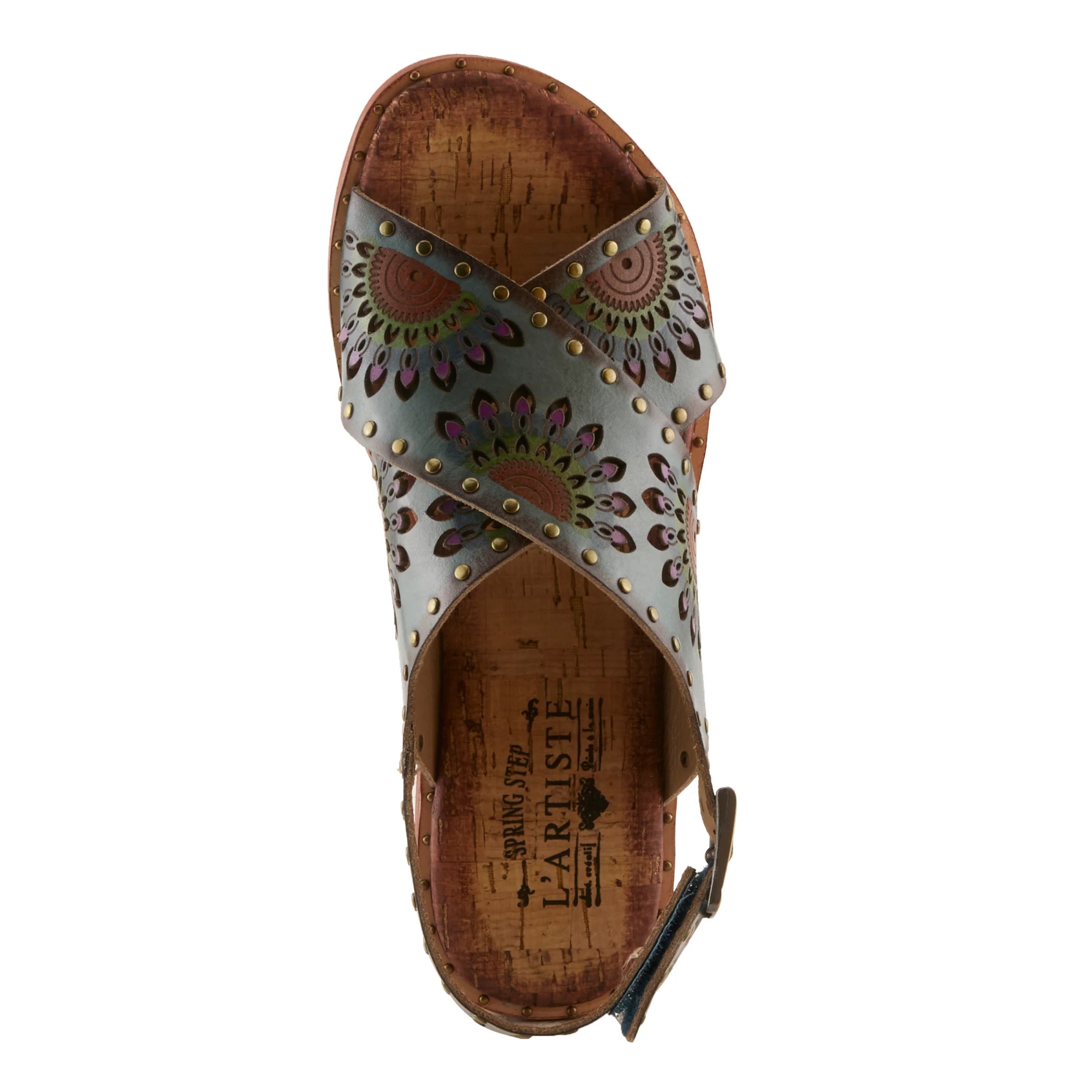 Sandal with decorative sole and brand logo on a white background