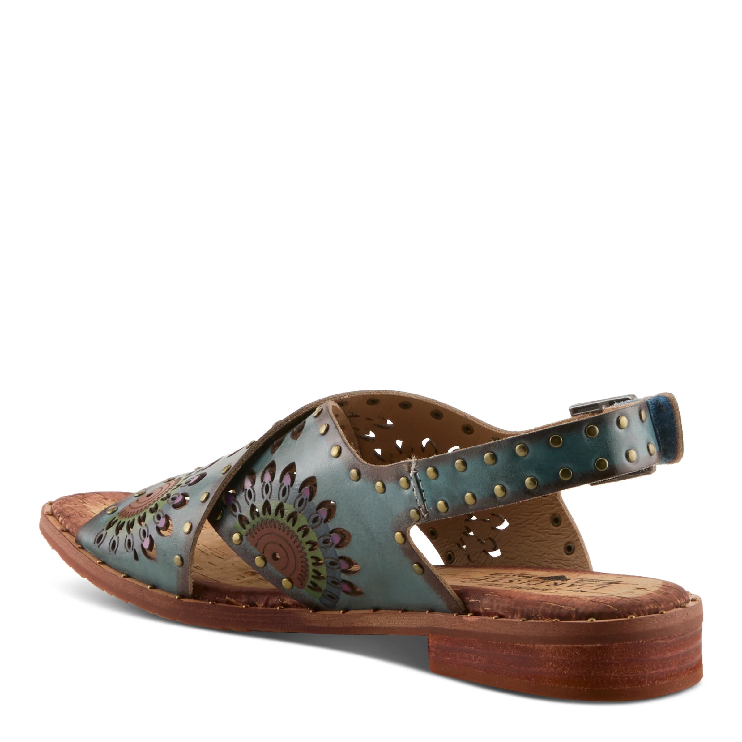 Blue sandal with brown accents on a white background