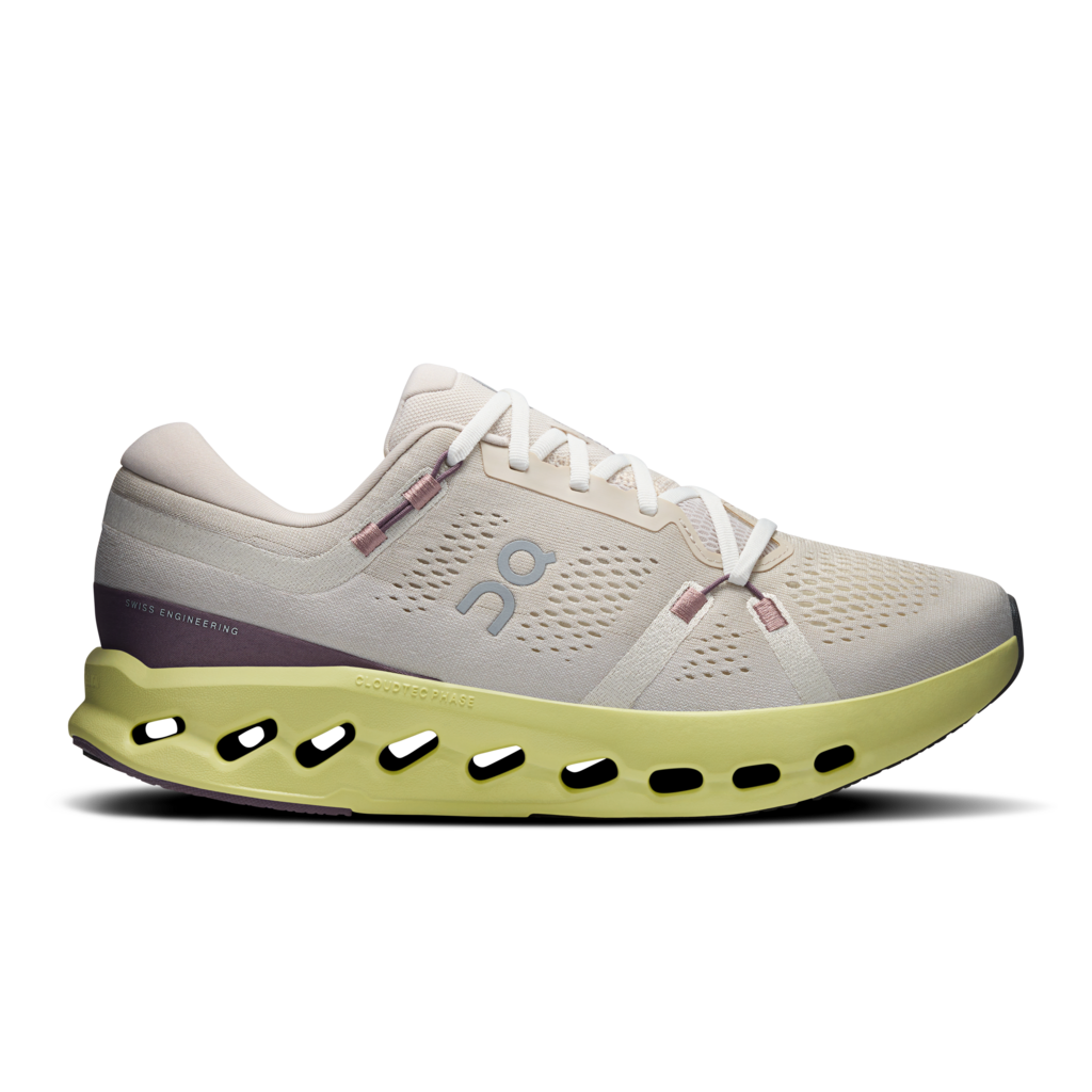 White running shoe with a yellow sole on a transparent background