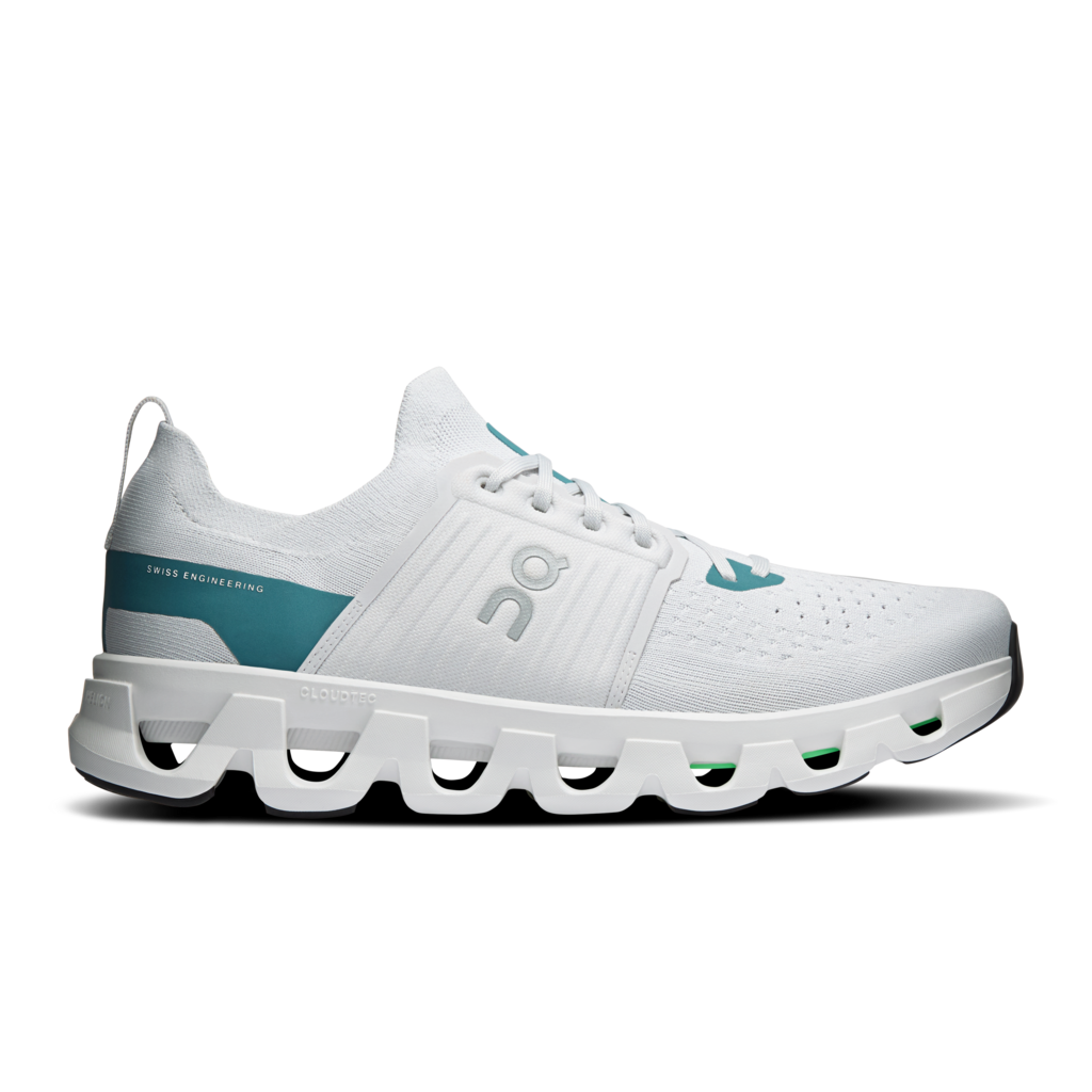 White running shoe with a blue accent on a white background