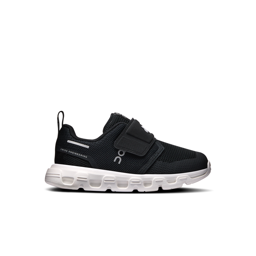 A black On Cloudrunner sneaker with a white sole, featuring a hook-and-loop strap closure and the On logo on the side, shown against a plain white background.