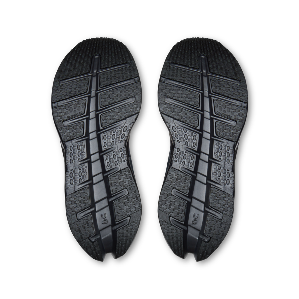 Black shoe soles with tread pattern on a white background