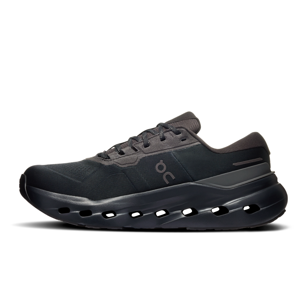 Black running shoe with brand logo on a white background