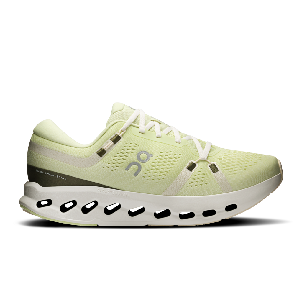 Light green running shoe with white sole on a transparent background