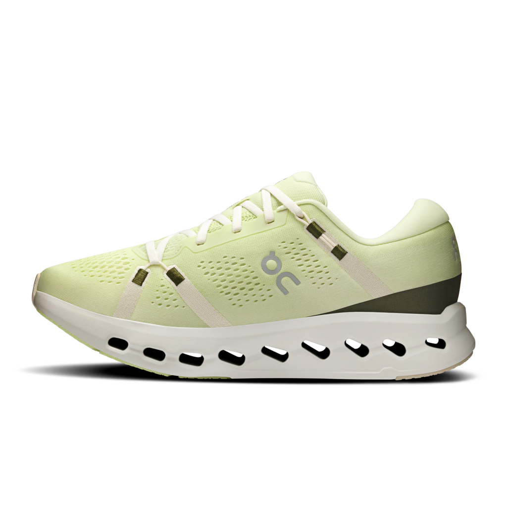 Light green running shoe with white sole on a transparent background