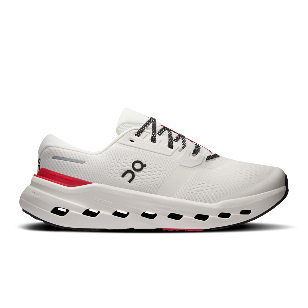 White running shoe with red accents on a white background