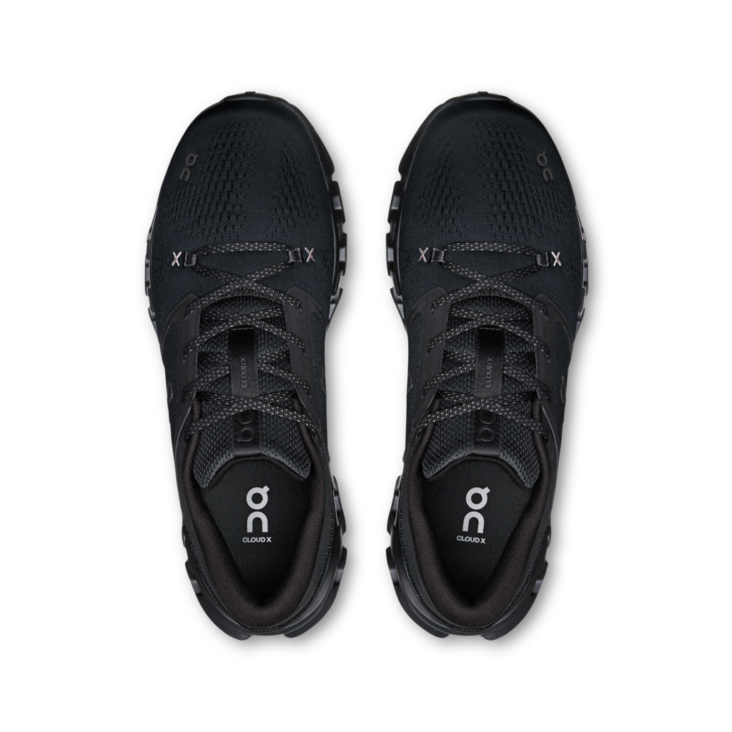 A pair of black On Cloudrunning trail running shoes shown from a top-down view against a plain white background.