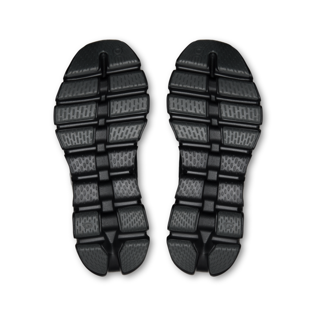 A pair of black textured shoe soles shown from the bottom against a plain white background.