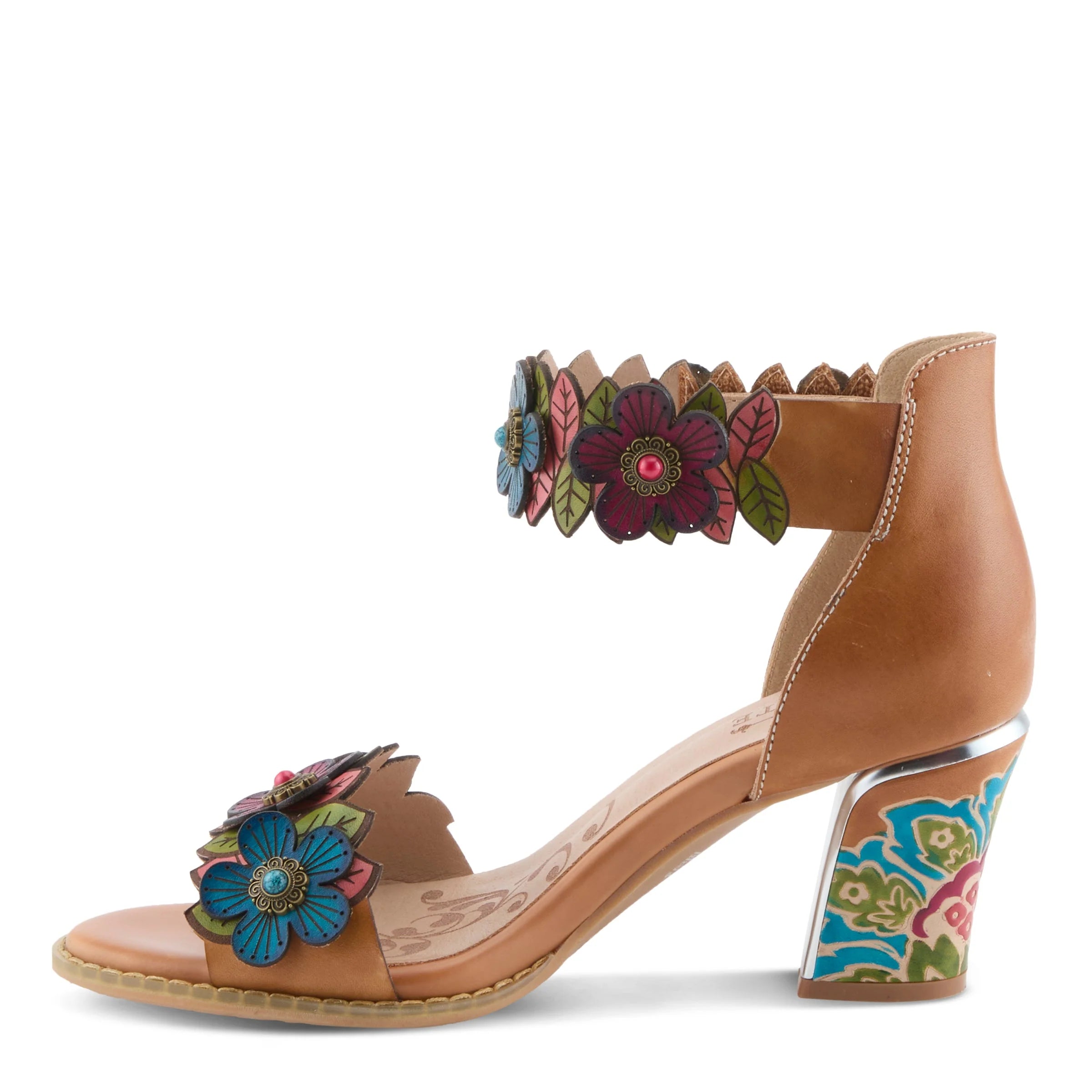 Tan sandal with floral decorations on a white background